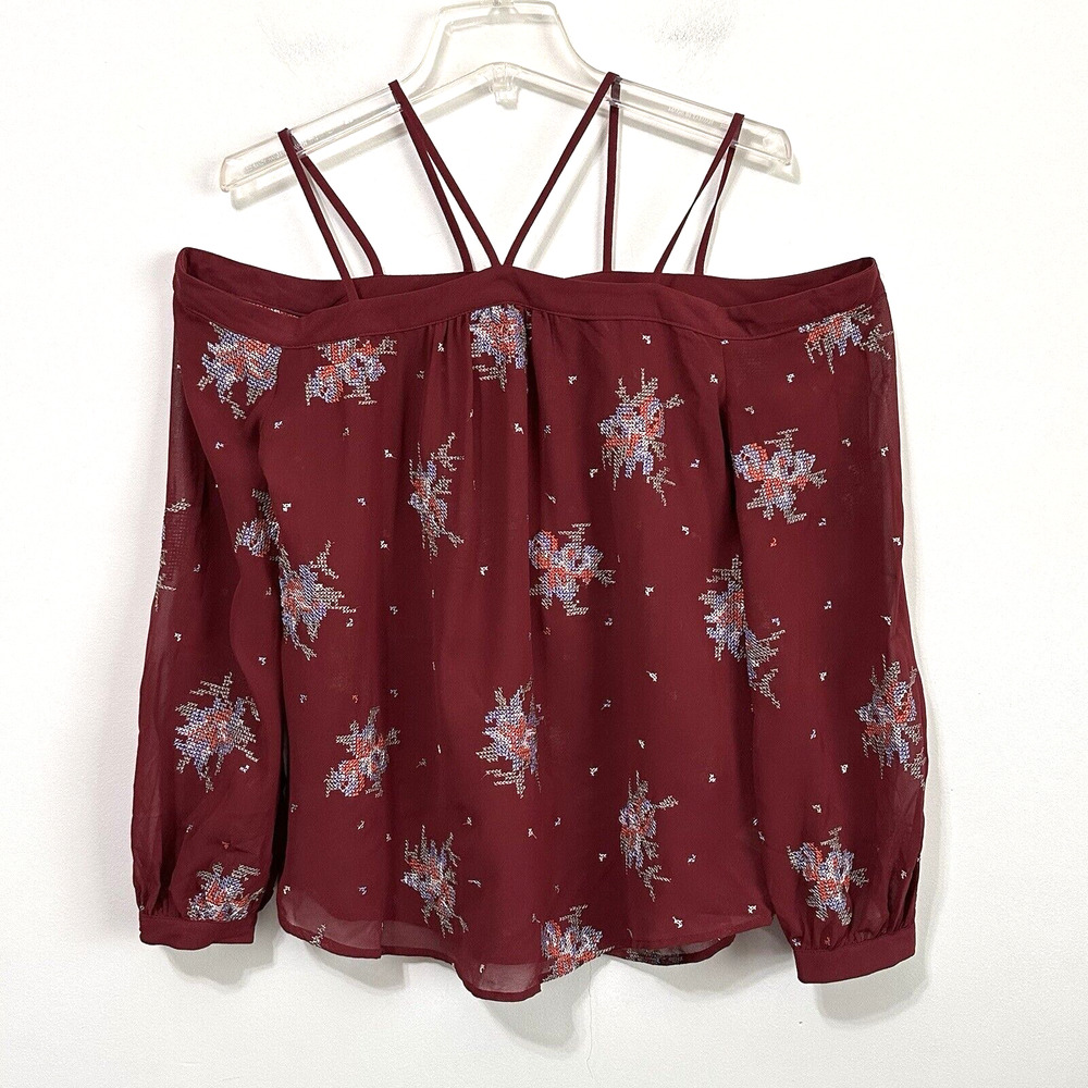 Ro & De Strappy Off Shoulder Top S Burgundy Needlepoint Semi Sheer Casual Shirt